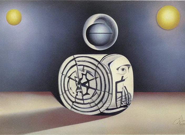 Image similar to the study of a spherical pagan cube and occult background by salvadore dali and rene magritte