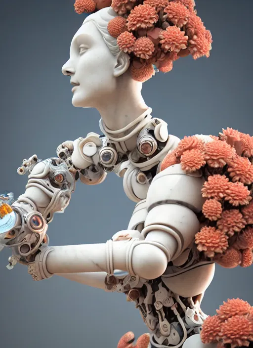 Image similar to beautiful marble statue made of biomechanical corals, daisies, well contoured smooth fair walls, carrying a bottle of perfume, up close shot, sharp focus, global illumination, radiant light, alexandre ferra white mecha, irakli nadar, octane highly render, 4 k, ultra hd,