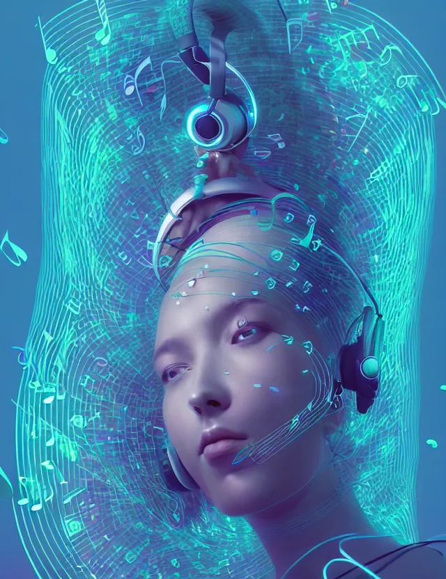 Image similar to 3 d goddess of music and 🔊 wide angle portrait with musical notes, headphones, subwoofers, and speakers. music, wave frequencies, cymatics. auditory symbiogenesis, synaesthesia, polyphonic communication, sonic projection, artwork by tooth wu and android jones wlop and android jones and beeple and greg rutkowski
