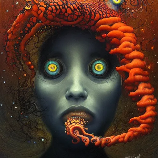 Prompt: the night sky is black and full of stars, huge red eyes are floating in the sky, their irises are red, ethereal tentacles, by Esao Andrews and Karol Bak and Zdzislaw Beksinski, vivid colors