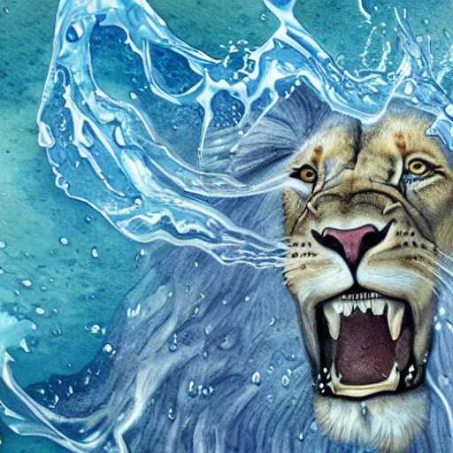 Image similar to a male lion's face breaching through a wall of water, water sprites, splashing, deep blue water color, highly detailed