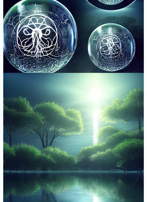 Image similar to transparent horizontally centered crystal ball floating over a serene lake, tree of life inside the ball, intricate details, radiant light, reflections on the water, ripples, moody sky, hyperdetailed illustration by yuumei, by mark brooks, john harris, artstation, low global light, coherent composition