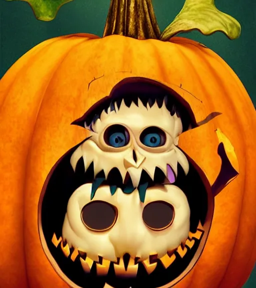 Prompt: a tim burton design of a pumpkin face with eye bags, giant and fat, laughing, detailed game art illustration, menacing carved facial expression, creepy lighting, 4 k artstation, masterpiece