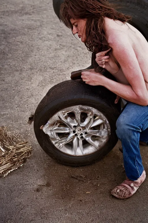 Image similar to A bodouir photo of a beautiful woman with brown hair changing a tire, by Annie Lebovitz and Steve McCurry, grungy, weathered Ultra detailed, hyper realistic, 4k