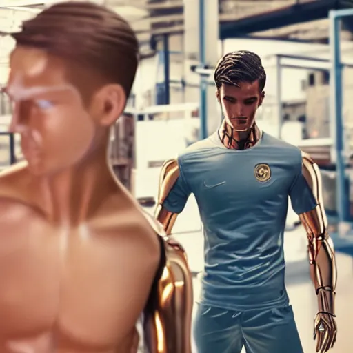 Prompt: a realistic detailed photo of a guy who is an attractive humanoid who is half robot and half humanoid, who is a male android, attractive and handsome soccer players, shiny skin, posing like a statue, blank stare, in a factory, on display, showing off his muscles, gold soccer shorts, side view, looking at each other mindlessly