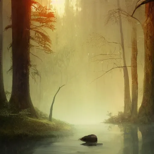 Prompt: cinematic shot river in the forest sci-fi style foggy rain sunset animals drinking from the river digital painting, artstation, concept art, soft light, hdri, smooth, sharp focus, illustration, fantasy, intricate, elegant, highly detailed, D&D, matte painting, in the style of Greg Rutkowski and Alphonse Mucha and artemisia, 8k, highly detailed, jurgens, rutkowski, bouguereau, pastoral, rustic, georgic