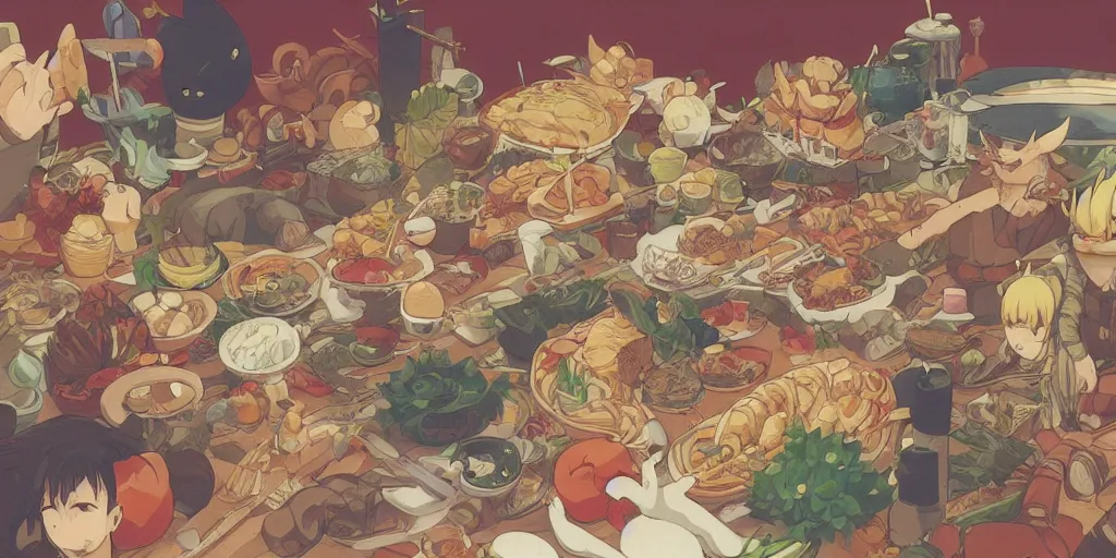 Image similar to A feast for the whole kingdom, very detailed, anime, Delicious, Plump, Juicy, Hot Food, large white border, hd, high resolution print :1 by Sachin Teng, Hayao Miyazaki, Nausicaa, studio Ghibli style, Anime wallpaper, cell shading, trending on deviant art :1