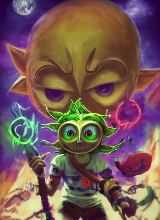 Image similar to realistic,majora\'s mask floating in the air while looking at the viewer maniacally, skull kid, legend of zelda fairy in the background, dramatic lighting, cinematic, film, dynamic pose, movie scene, colorful, dark art, concept art, 8K