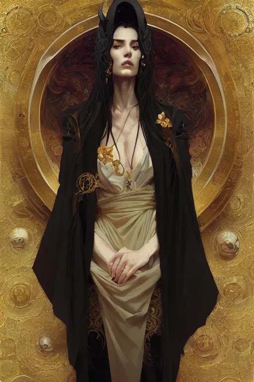 Prompt: Portrait of a Holy Necromancer, female, golden robes, exquisite black accessories, highly detailed, digital painting, illustration, fantasy, by Krenz Cushart and Artem Demura and alphonse mucha