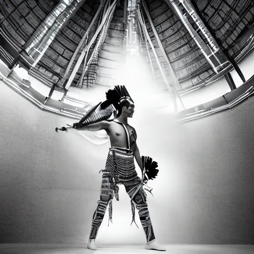 Image similar to portrait of iroquois warrior standing in front of a space ship command center, fashion editorial photography, waist up, low angle