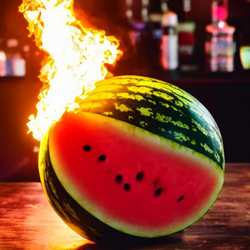 Prompt: photo of a watermelon on fire in a bar