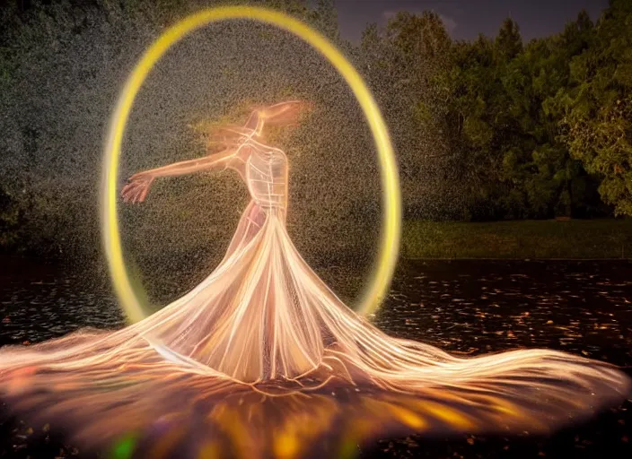 Image similar to an elegant goddess, flowing lightpainting swirling around her, highly detailed, photorealistic, surrounded by lake, reflections, smooth, sharp focus, ultrawide, art by lindsay adler and dani olivier and michael bosanko