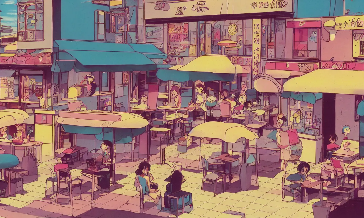 Image similar to A cute aesthetic still frame from an 80's or 90's anime, closeup of a cafe