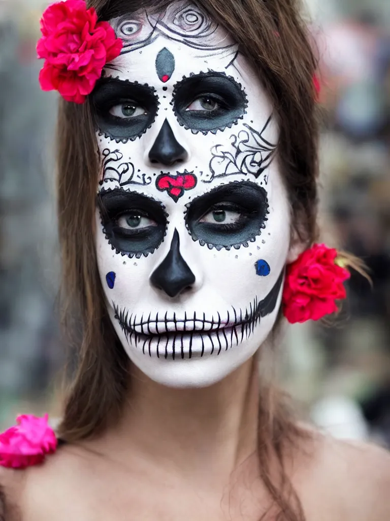 Prompt: a beautiful woman wearing day of the dead make - up, in the style of street art