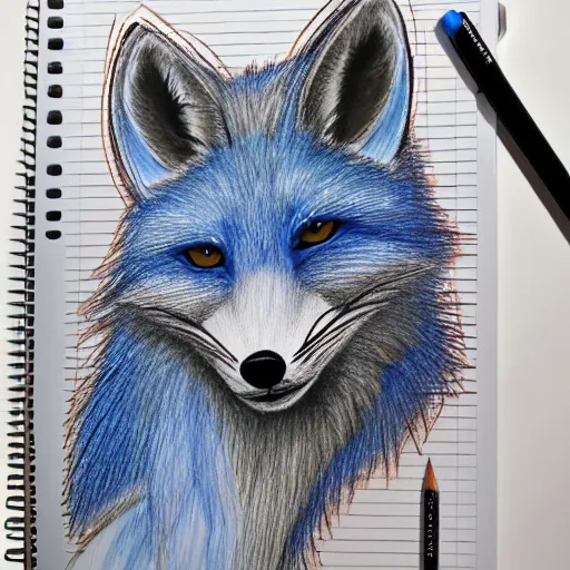 Image similar to high quality colored pencil sketch portrait of an anthro furry fursona blue fox, handsome eyes, sketch doodles surrounding it, photo of notebook sketch