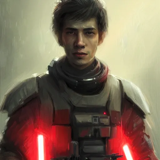 Image similar to portrait of a man by greg rutkowski, mixture between russian and japanese, black messy hair, star wars expanded universe, he is about 2 0 years old, wearing red tactical gear of the galactic triunvirate, highly detailed portrait, digital painting, artstation, concept art, smooth, sharp foccus ilustration, artstation hq