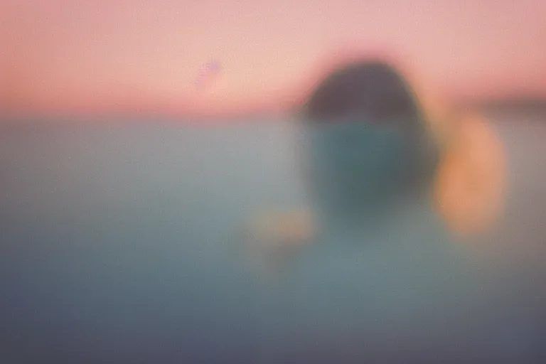Image similar to film photography, minimalism, lips with smeared lipstick in motion blur in blue fog, golden hour, 35mm, motion blur