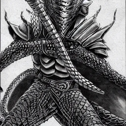 Image similar to a warrior with snake themed armour, kentaro miura art style