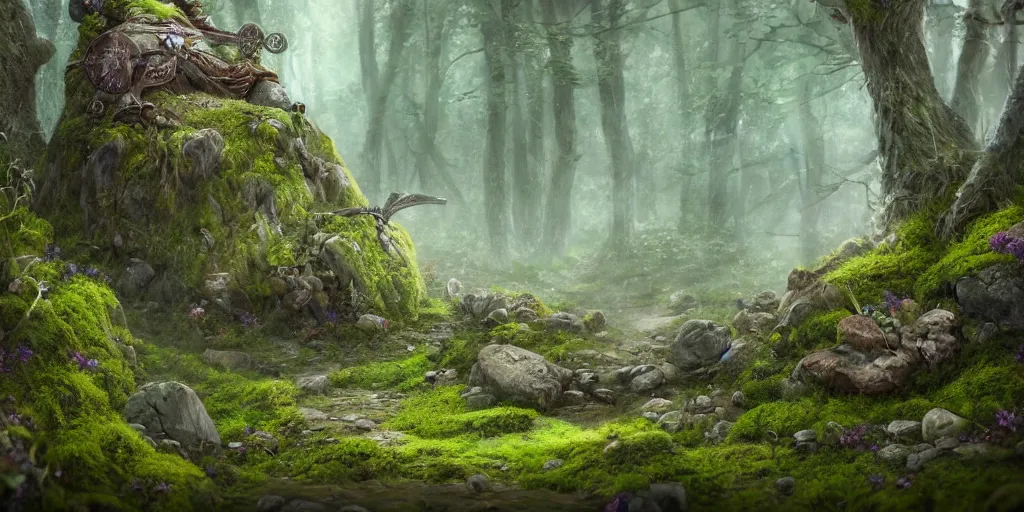 Image similar to Viking mount with bauta stones, densley overgrown with moss, plants, flowers, ferns, some fireflies flying in the air, atmospheric, amazing and immaculate scale, trending on Artstation, digital art