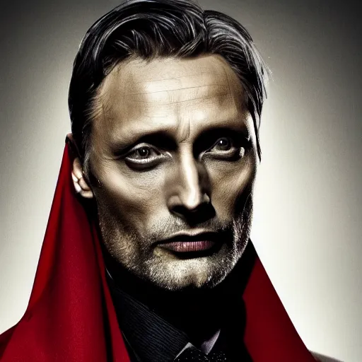 Image similar to mads mikkelsen as a vampire, male, late - 4 0 s aged, shoulder blade length, slicked black hair, red irises, clean shaven, wearing a cape, regal, royal, grim facial expression, high medieval fantasy, full color digital art, cinematic shot, full body shot.