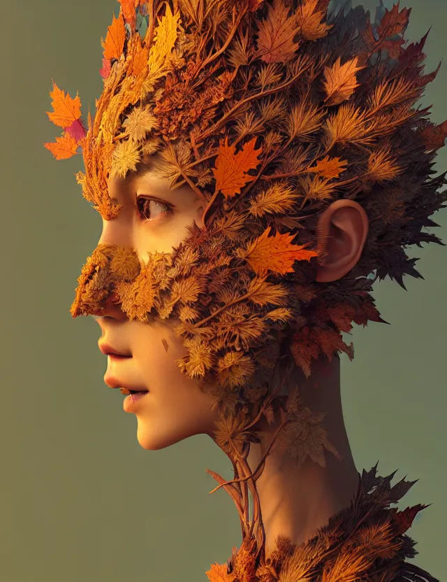 Image similar to 3 d goddess close - up profile portrait wearing a beautiful intricately detailed autumn mask, fall leaves, thistles, phoenix, dried plants, foxes, wind, creature, artwork by tooth wu and wlop and beeple and greg rutkowski