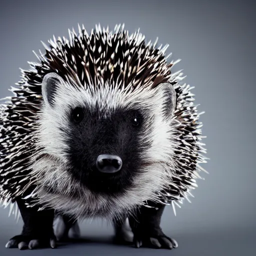 Prompt: black metal hedgehog with corpse paint, studio photography