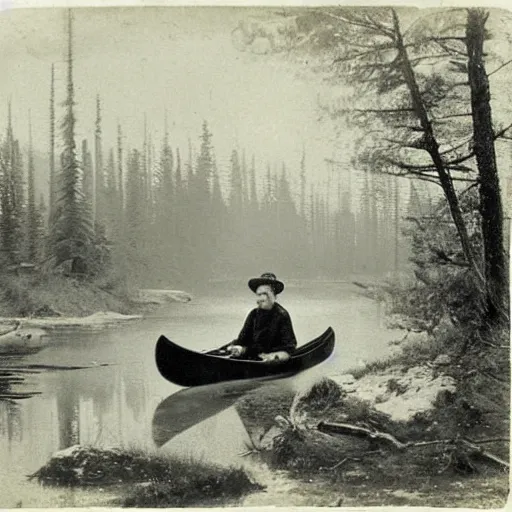 Image similar to hunter sitting in a canoe on the river, deep in the wilderness early in the misty morning in late winter or early spring, boreal forest, 19th century