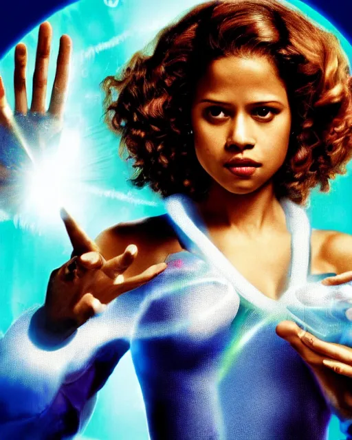 Image similar to drew struzan style movie poster of gugu mbatha - raw dressed as sue storm, the invisible woman from the fantastic four, with her hands held up, she is generating an iridescent bubble of particles around her body in the form of a shimmering bubble force field, soft focus, bokeh, 5 0 mm