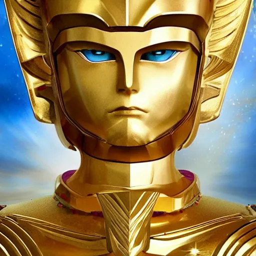 Image similar to A radiant, extreme long shot, photo of a 27-year-old Caucasian male wearing the Gemini Gold Armor, Beautiful gold Saint, Jaw-Dropping Beauty, gracious, aesthetically pleasing, dramatic eyes, intense stare, immense cosmic aura, from Knights of the Zodiac Saint Seiya, inside the Old Temple of Athena Greece,4k high resolution, exquisite art, art-gem, dramatic representation, hyper-realistic, atmospheric scene, cinematic, trending on ArtStation, photoshopped, deep depth of field, intricate detail, finely detailed, small details, extra detail, ultra detailed, attention to detail, detailed picture, symmetrical, octane render, arnold render, Photoshopped, Award Winning Photo, groundbreaking, Deep depth of field, f/22, 35mm, make all elements sharp, at golden hour, Light Academia aesthetic, Socialist realism, by Annie Leibovitz