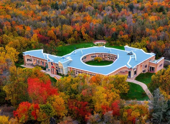 Image similar to low drone shot of a Disney style ranch style School campus in the middle of the Woods during autumn