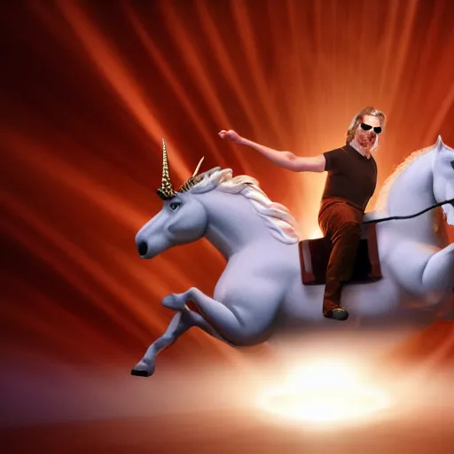 Image similar to big lebowski riding a unicorn, cinematic lighting, award winning photography