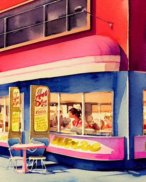 Image similar to closeup watercolor profile portrait of a 1 9 5 0 s diner, hyper realistic, artstation, illustration, digital paint, matte paint, vivid colors, bright, cheerful, detailed and intricate environment