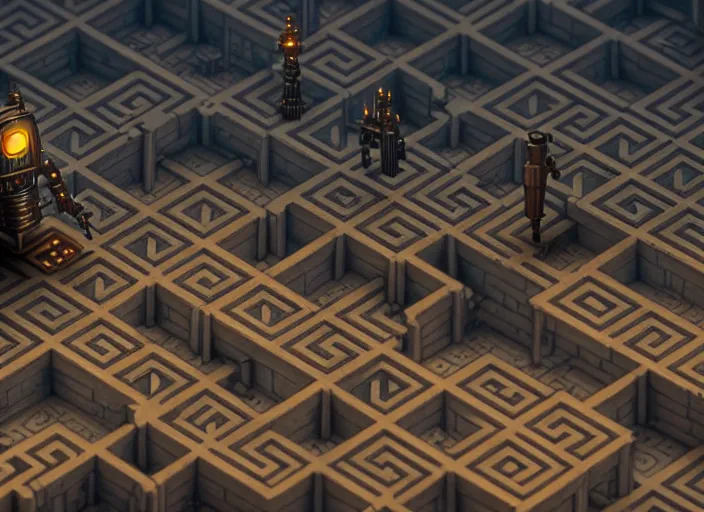 Image similar to steampunk robot in a maze by greg rutkowski and andreas rocha, tilt shift, ultra realistic, unreal engine, trending on artstation, 4 k