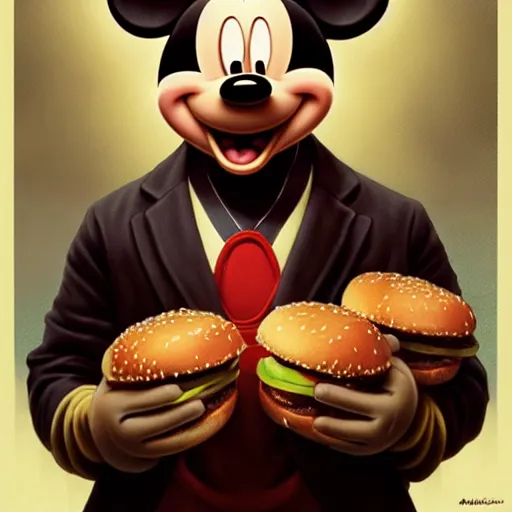 Prompt: portrait of mickey mouse eating hamburgers, extra onions and ketchup, luscious patty with sesame seeds, ethereal, handsome, d & d, fantasy, intricate, elegant, highly detailed, digital painting, artstation, concept art, matte, sharp focus, illustration, art by artgerm and greg rutkowski and alphonse mucha