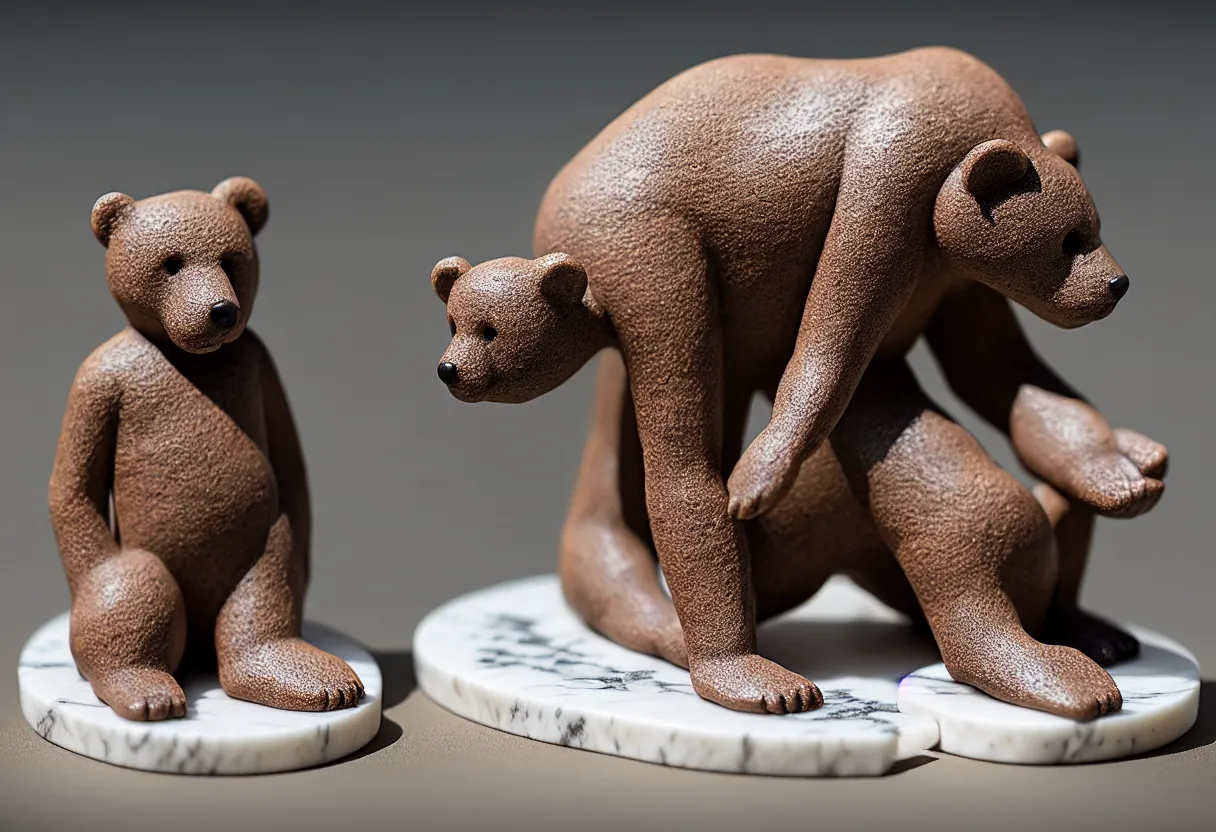 Image similar to clay bear figurine stylized on a marble table, hyper realism, low depth of field