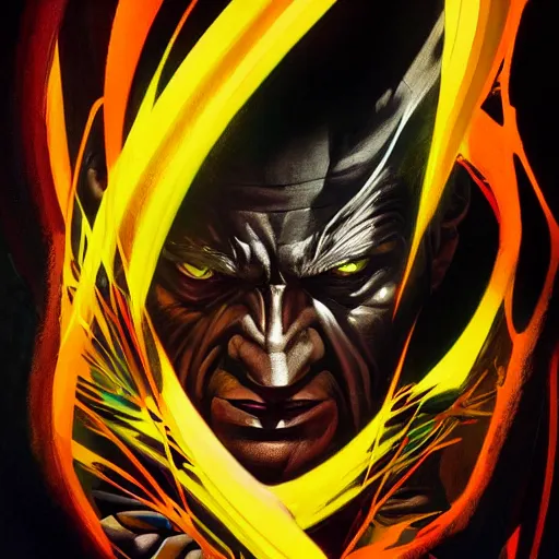 Image similar to wolverine starring into the camera, fixed eyes, flowing black coat with glowing neon yellow, colorful, surreal, dramatic lighting, face, detailed, intricate, elegant, highly detailed, digital painting, artstation, chalk, concept art, smooth, sharp focus, illustration, art by sam spratt, dan mumford, artem demura and alphonse mucha