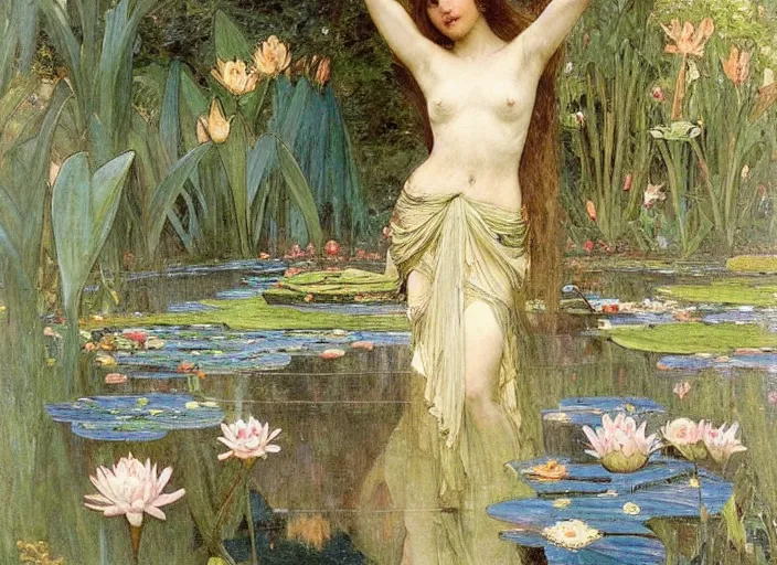 Image similar to a masterpiece painting of a beautiful faerie queen in a waterlily pond by john william waterhouse and alphonse mucha, wide angle, in frame, symmetrical, muted colors