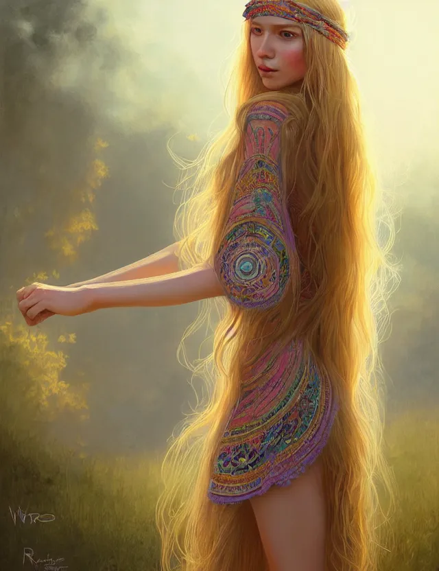 Image similar to a young woman wearing a boho dress at woodstock, hippie girl, long blonde hair, groovy hairband, bangs, intricate, smooth, groovy lighting, highly detailed, digital painting, artstation, concept art, smooth, sharp focus, illustration, art by wlop, mars ravelo and greg rutkowski