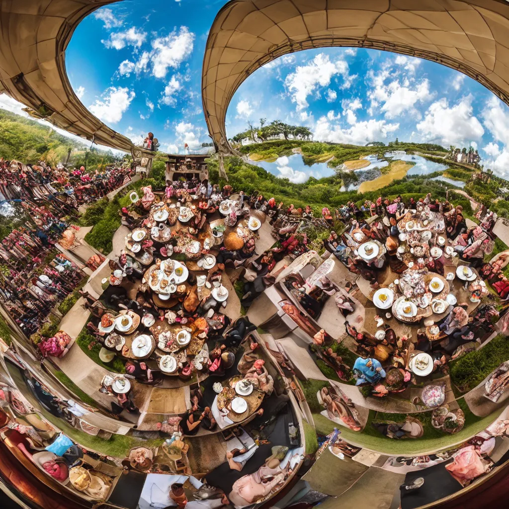 Image similar to elephant tea party, high tea, on a bridge, fulldome, 1 8 0 degree fisheye, 4 k,