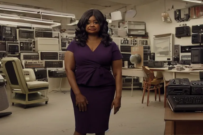 Image similar to cinematic screenshot of octavia spencer in a used electronics store standing in front of an old keyboard, iconic scene from the paranoid sci fi thriller film directed by pt anderson, apartment set in the near future, cinematic shot with anamorphic lenses, color theory, apartment design, leading lines, photorealistic, volumetric lighting, 2 0 2 2 4 k film