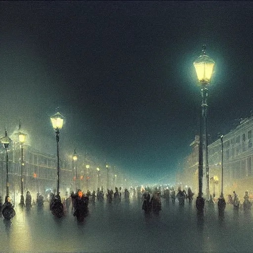 Image similar to City lights at night with a lot of people walking, street lights, cars, digital art trending on artstation by Ivan Aivazovsky