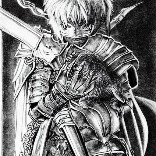 Image similar to Baby Kitten as a knight, highly detailed, black and white, manga, art by Kentaro Miura