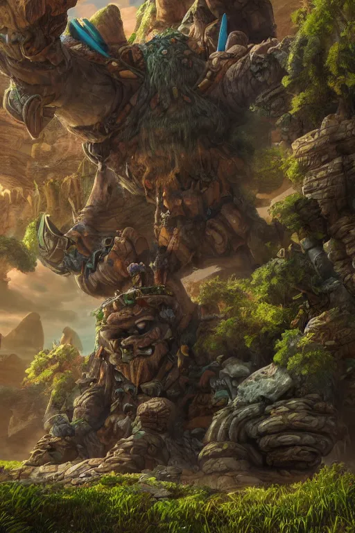 Image similar to zelda fantasy art giant golem troll wood rock greeble gemstone, global illumination ray tracing hdr fanart arstation by sung choi and eric pfeiffer and gabriel garza and casper konefal