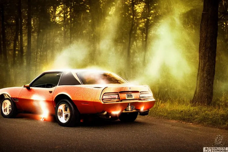 Prompt: pontiac firebird with glowing paint, sunrise, eerie light, fireflies, dramatic, cinematic, forest, sunbeams, volumetric lighting, wide shot, low angle, lightning hitting the car