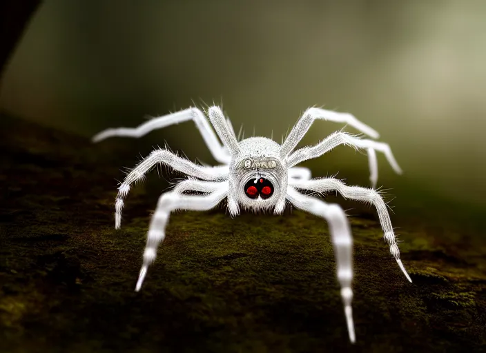 Image similar to ( white crystal - clear spider ) with ( huge red eyes ), in a ( foggy glowing forest ). highly detailed 8 k. intricate. lifelike. soft light. fantasy horror style. cinematic post - processing, dof.