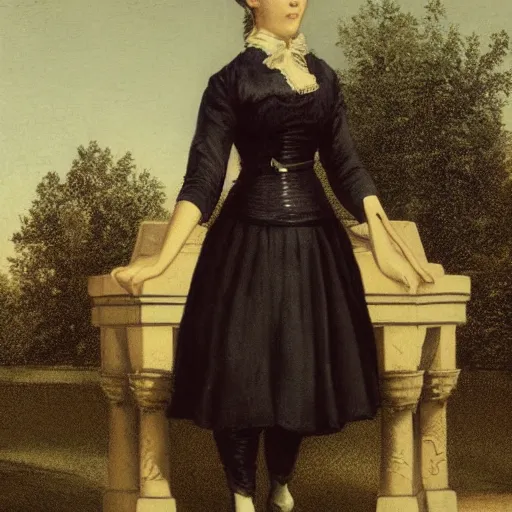 Image similar to a full body portrait of a young woman in maid uniform standing in front of a fountain in a park, very detailed, by William-Adolphe