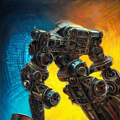 Image similar to low angle shot of A Robot With its head missing, gushing out oil from the hole, walking towards the viewer, neon color scheme, by Clive Barker , intricate, elegant, highly detailed, centered, digital painting, artstation, concept art, smooth, sharp focus, illustration, artgerm, Tomasz Alen Kopera, Peter Mohrbacher donato giancola, Joseph Christian Leyendecker, WLOP, Boris Vallejo.