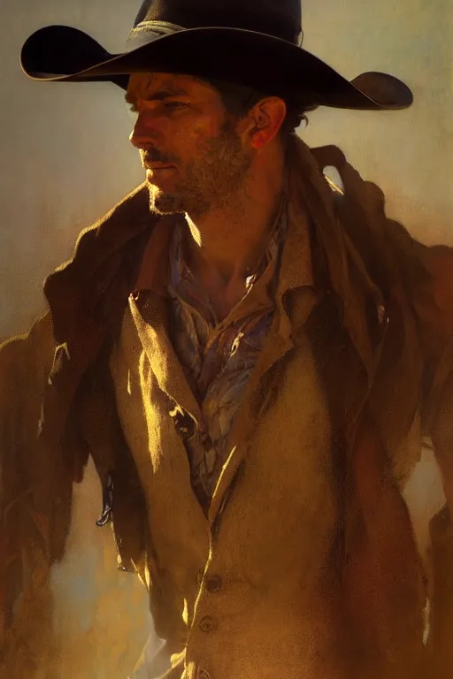 Image similar to hyperrealist portrait of a rodeo cowboy by jeremy mann and alphonse mucha, fantasy art, photo realistic, dynamic lighting, artstation, poster, volumetric lighting, very detailed faces, 4 k, award winning