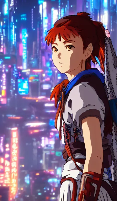 Prompt: anime fine details portrait of Aloy in front of cyberpunk moder city landscape on the background deep bokeh, close-up view, anime masterpiece by Studio Ghibli. 8k, sharp high quality anime, artstation