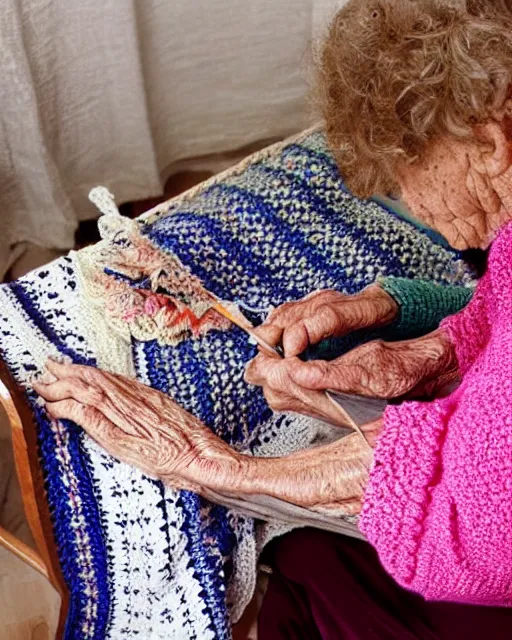 Prompt: a beautiful photograph of an elderly woman’s hands crocheting an Afghan, her hands are highly realistic and accurate.